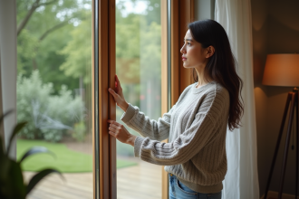 Femme regardant une fenetre isolante dans un salon moderne