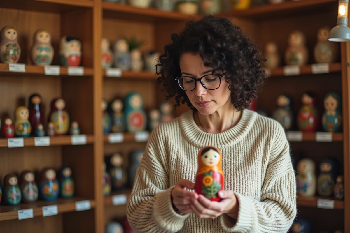 Femme adulte examinant attentivement une grande poupée Matriochka dans une boutique de jouets et cadeaux artisanaux