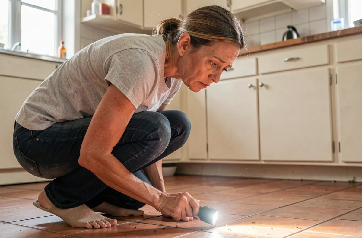 Femme inspectant la base des meubles de cuisine à la recherche d'insectes noirs