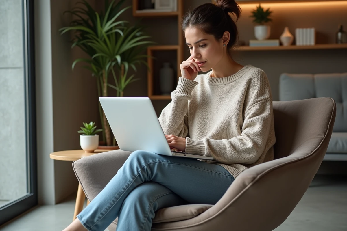 Jeune femme examinant une facture de meubles à son laptop