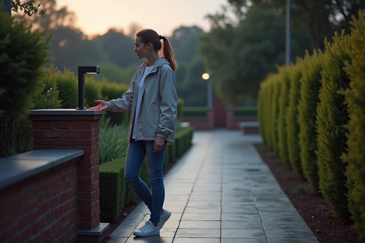 Jeune femme activant une commande sans fil dans son jardin en soirée