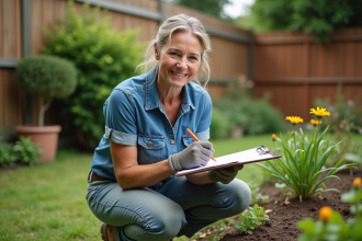 Femme jardinant dans son jardin avec sourire naturel
