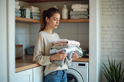 Jeune femme vérifiant une étiquette de lavage dans une buanderie moderne