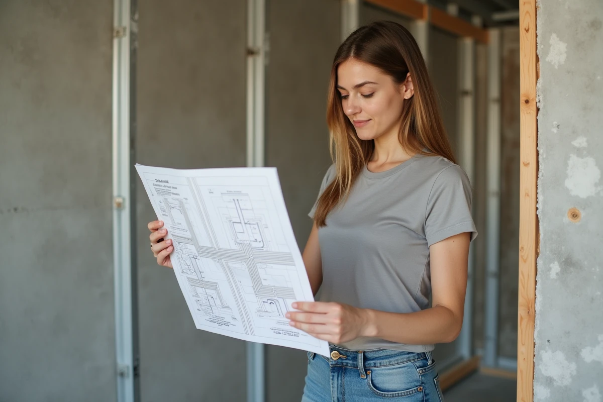 Jeune femme étudiant un plan électrique dans un chantier
