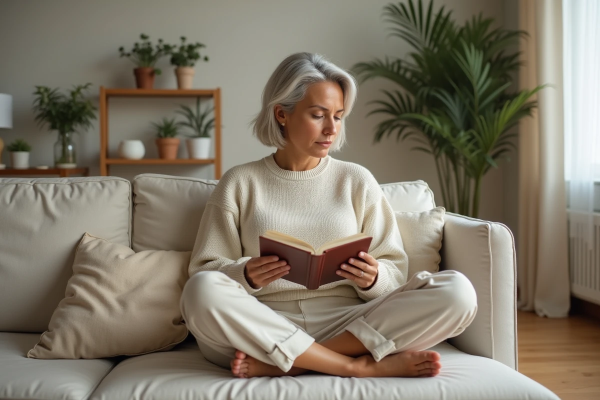 Femme détendue lisant dans un salon moderne et lumineux