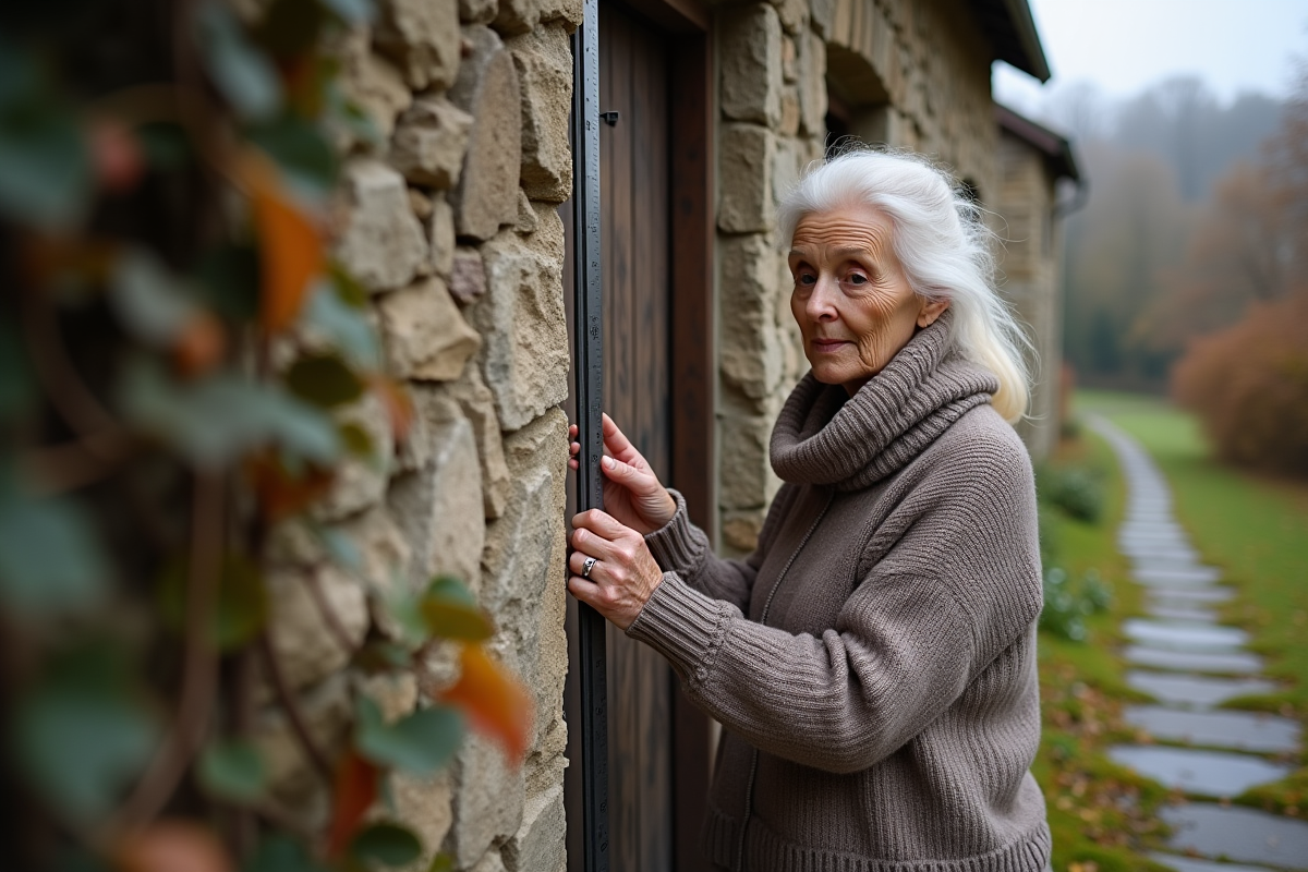 Femme âgée mesurant un mur en pierre devant sa maison rurale