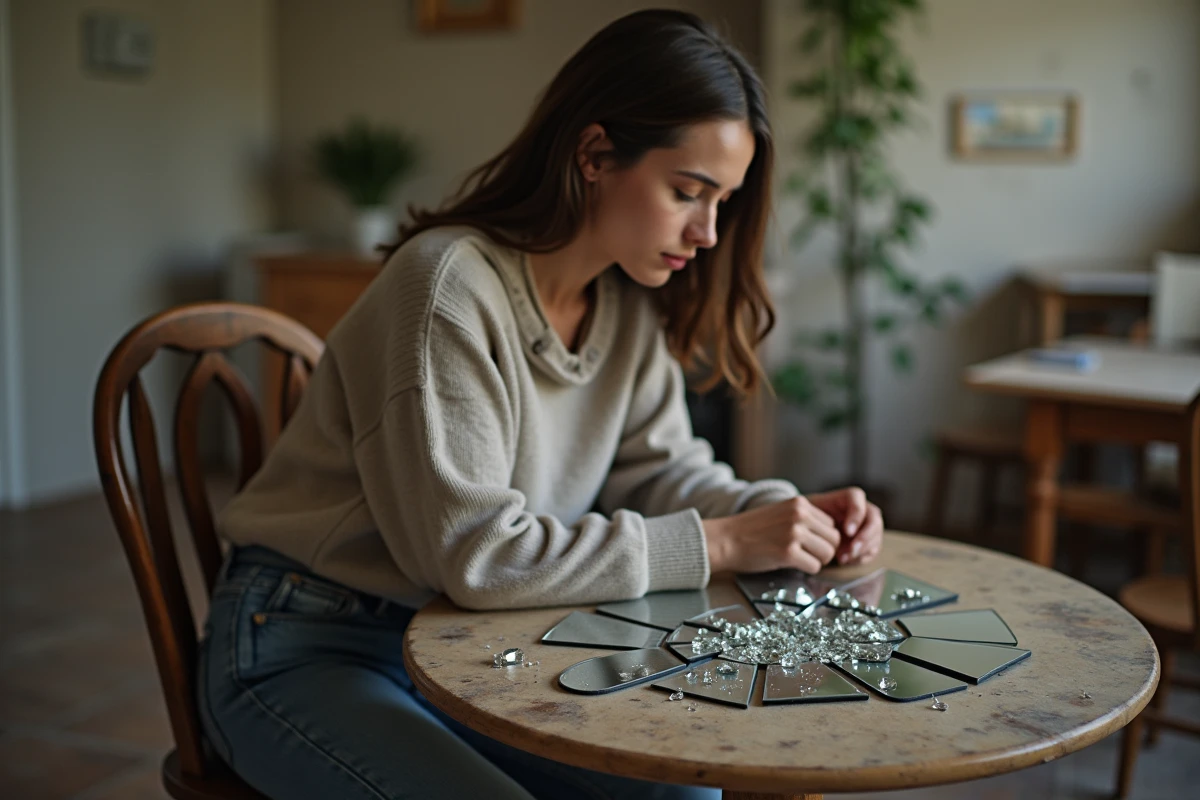 Femme assise regardant des morceaux de miroir brisés
