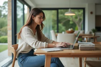 Femme comparant prix de carrelage en ligne dans une salle lumineuse