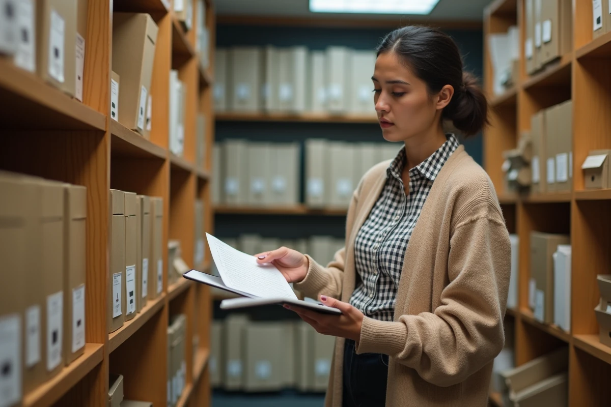 Jeune femme organisant des papiers dans une salle d