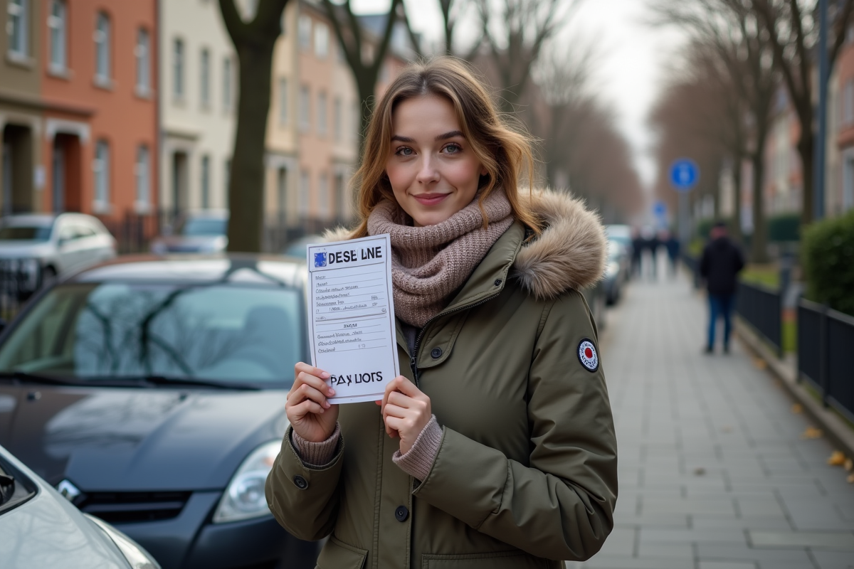 Jeune femme avec permis de stationnement près de sa voiture