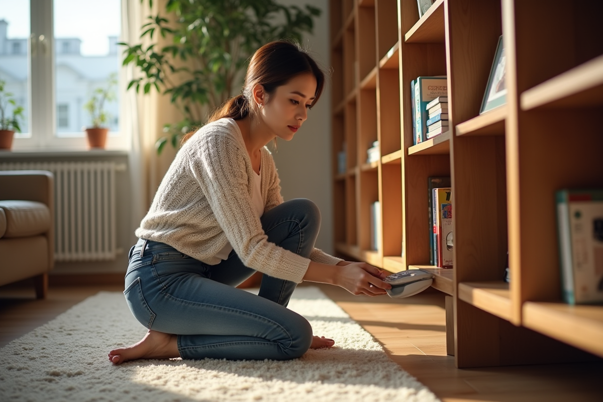 Femme posant des patins antidérapants sous une étagère