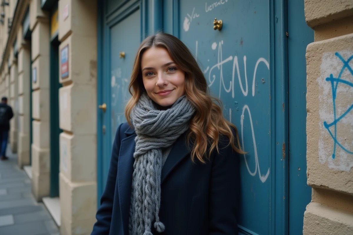 Femme en manteau bleu devant une porte parisienne