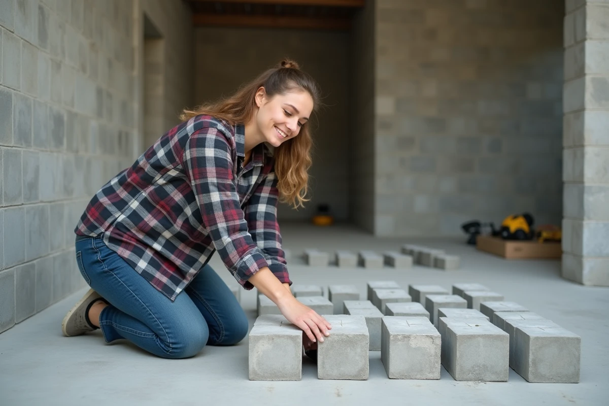 Jeune femme posant des blocs de béton en intérieur