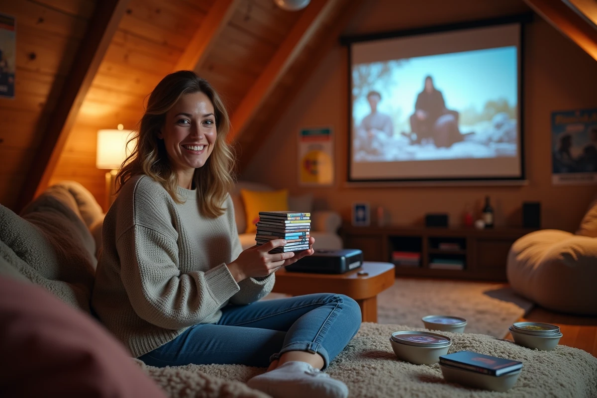 Femme arrangeant des DVDs dans un coin cinéma en attic
