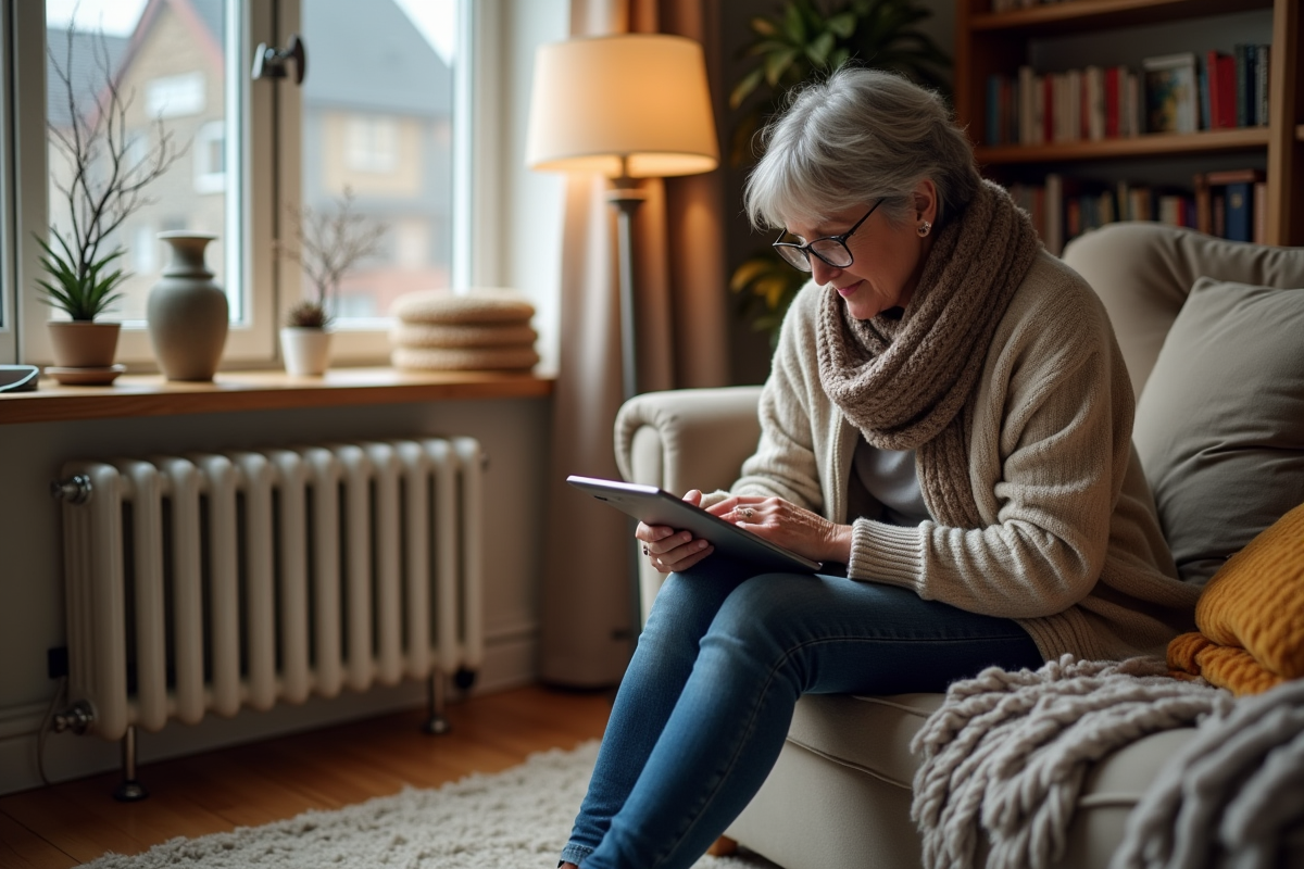Femme examinant un radiateur électrique moderne dans un salon chaleureux