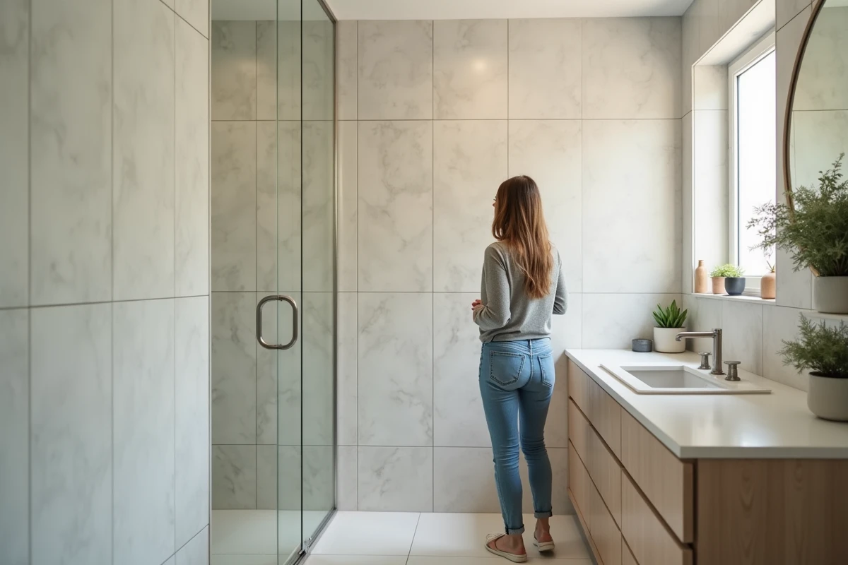 Femme examine un mur de grands carreaux dans sa salle de bain