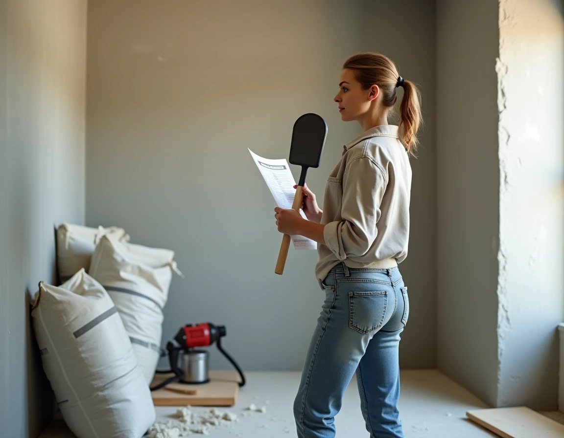Femme en cours de rénovation intérieure inspectant un mur en parpaing enduit avec des matériaux de travail autour d'elle