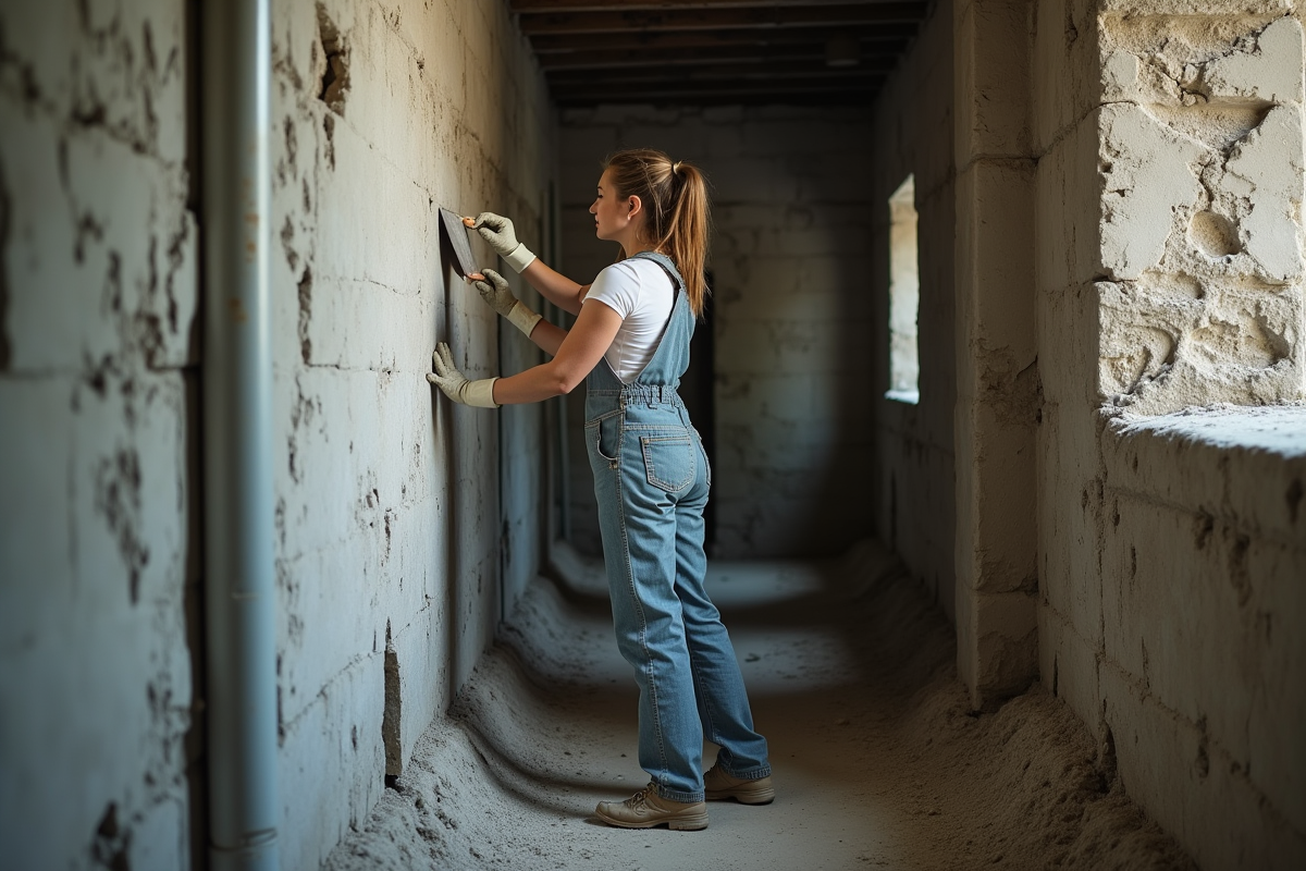 Femme appliquant du mortier sur un mur salpetre en cave humide