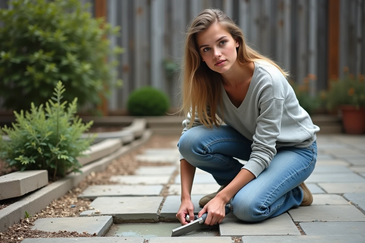 Jeune femme répare un trou dans une terrasse en béton extérieur
