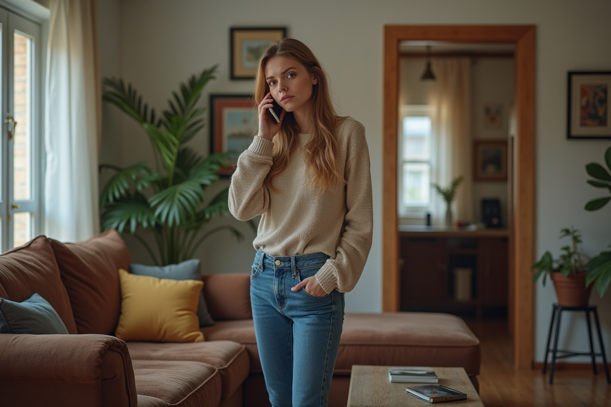 Jeune femme au téléphone dans son salon avec canapé ancien