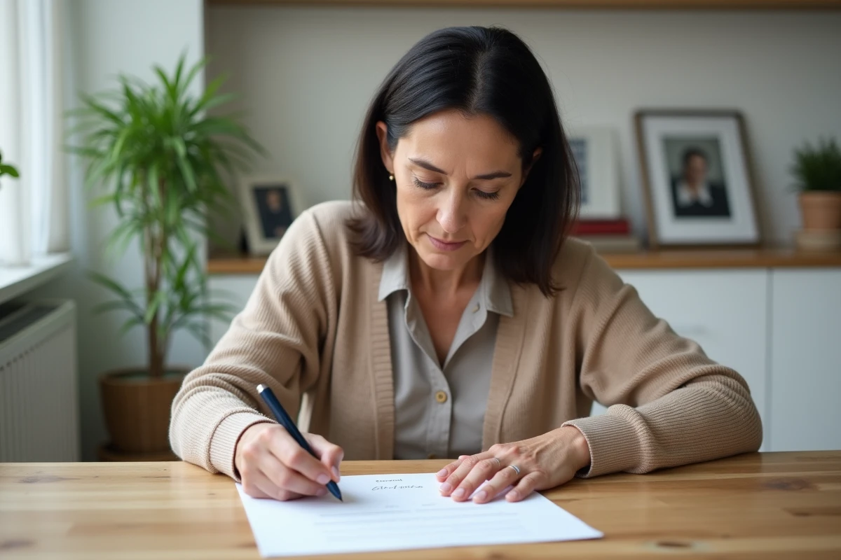 Femme signant une attestation de domicile dans la cuisine