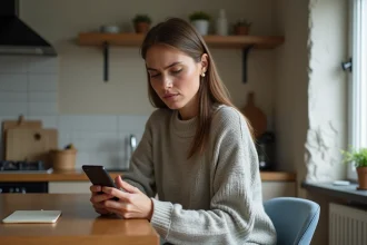 Femme assise à la cuisine avec smartphone et expression préoccupée