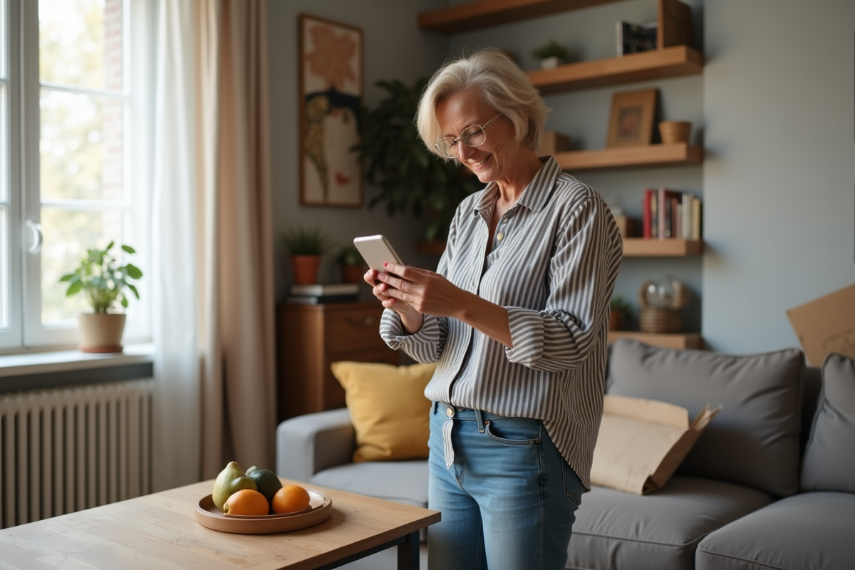Femme souriante prenant une photo d'une table en bois