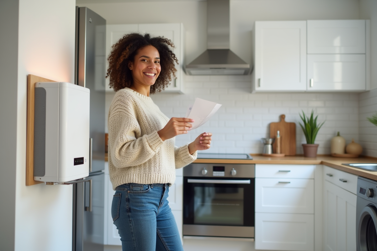 Jeune femme souriante avec facture d