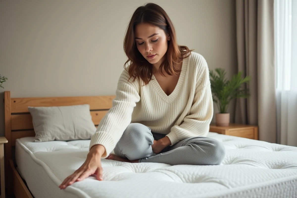 Femme testant la fermeté d'un matelas neuf en appuyant la main sur la surface dans une chambre moderne