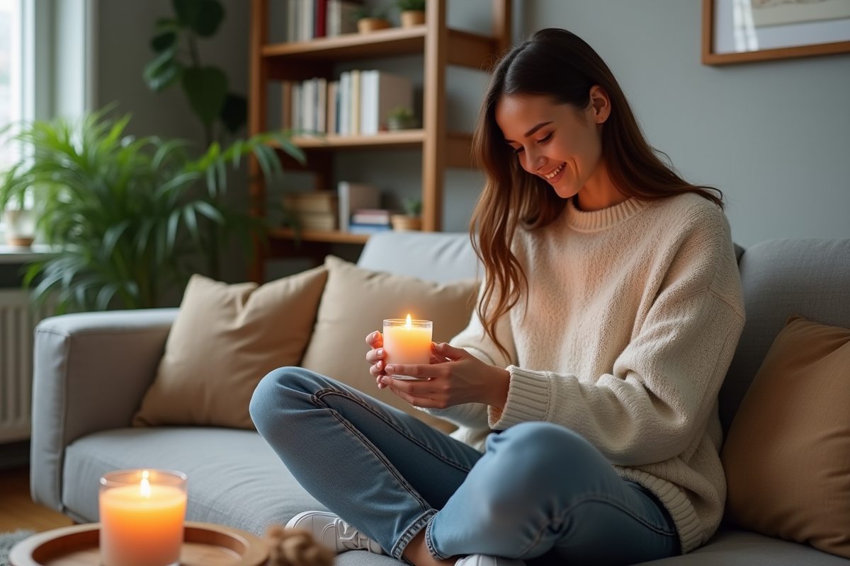 Femme assise sur un canapé allumant une bougie parfumée dans un intérieur cosy