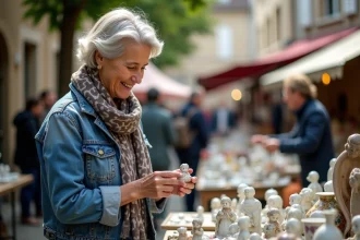 Femme souriante examinant des figurines en porcelaine vintage