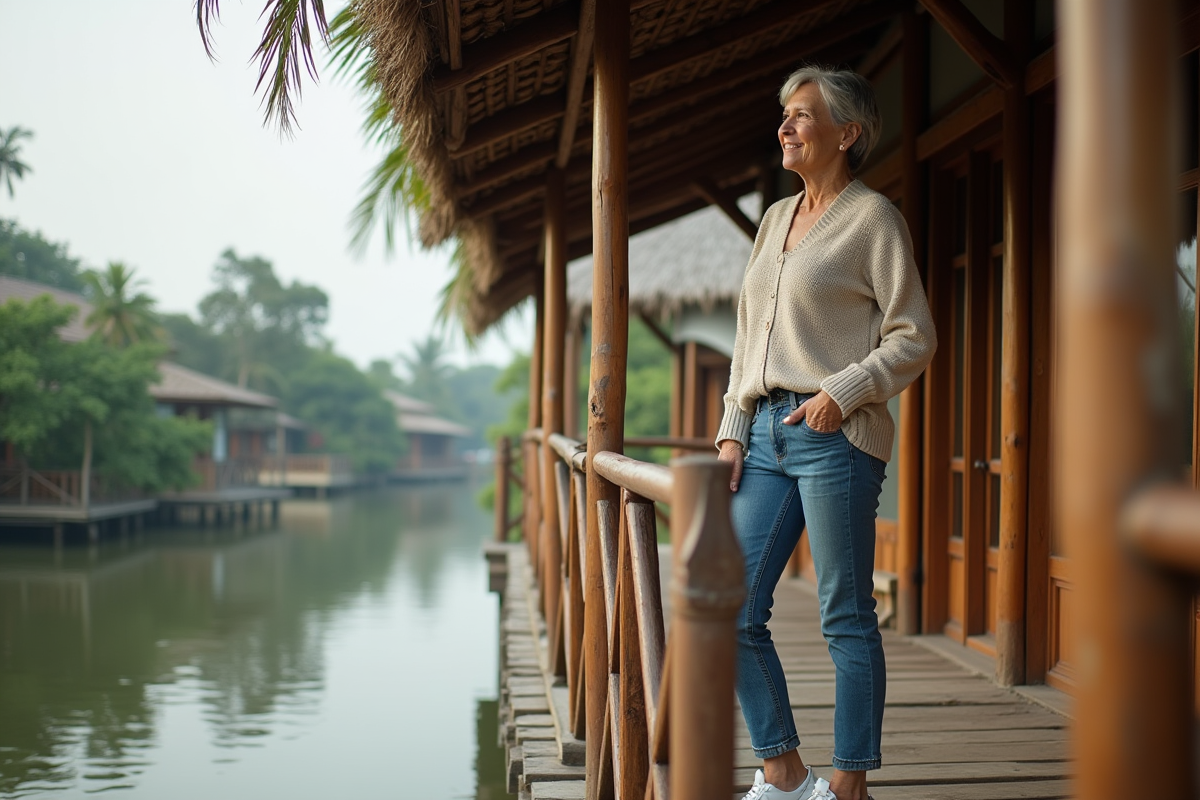 Femme debout sur la veranda en bois d'une maison sur pilotis