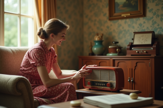 Femme vintage polissant un radio Bakelite dans un salon rétro