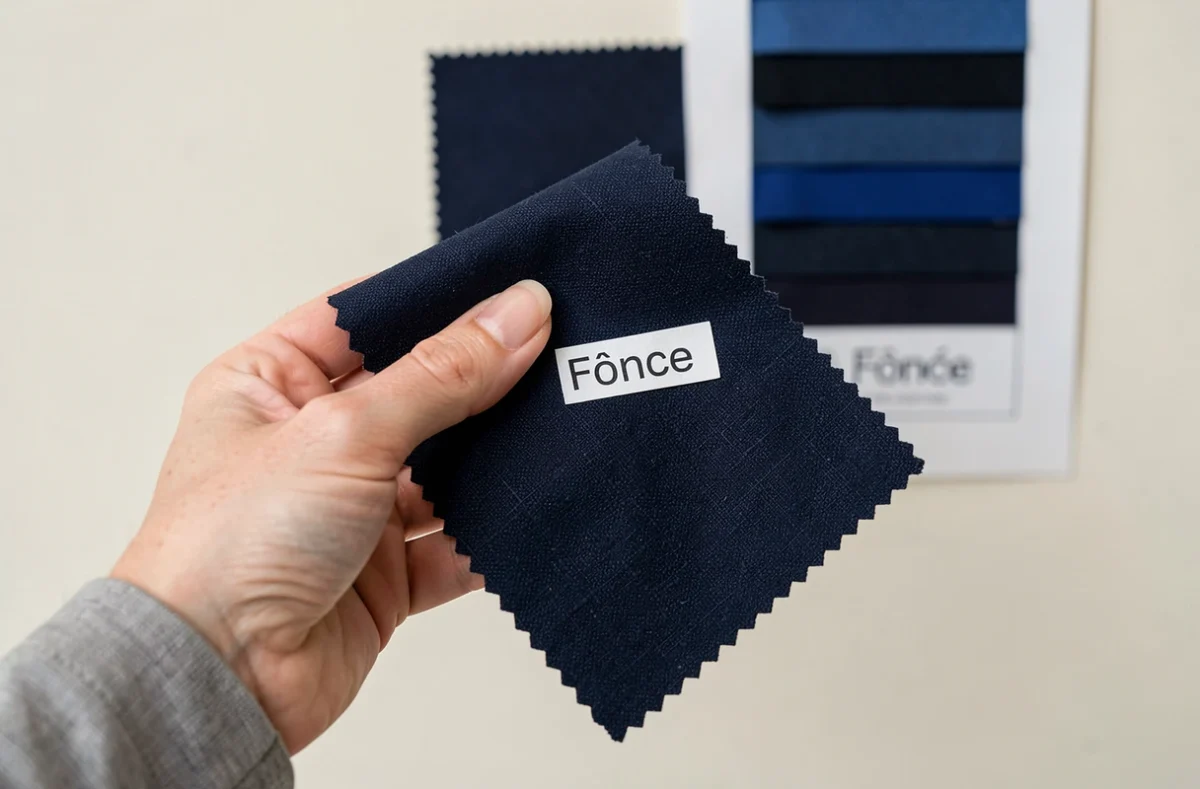 Main féminine tenant un échantillon de tissu bleu foncé avec une étiquette indiquant Foncé sur un fond blanc