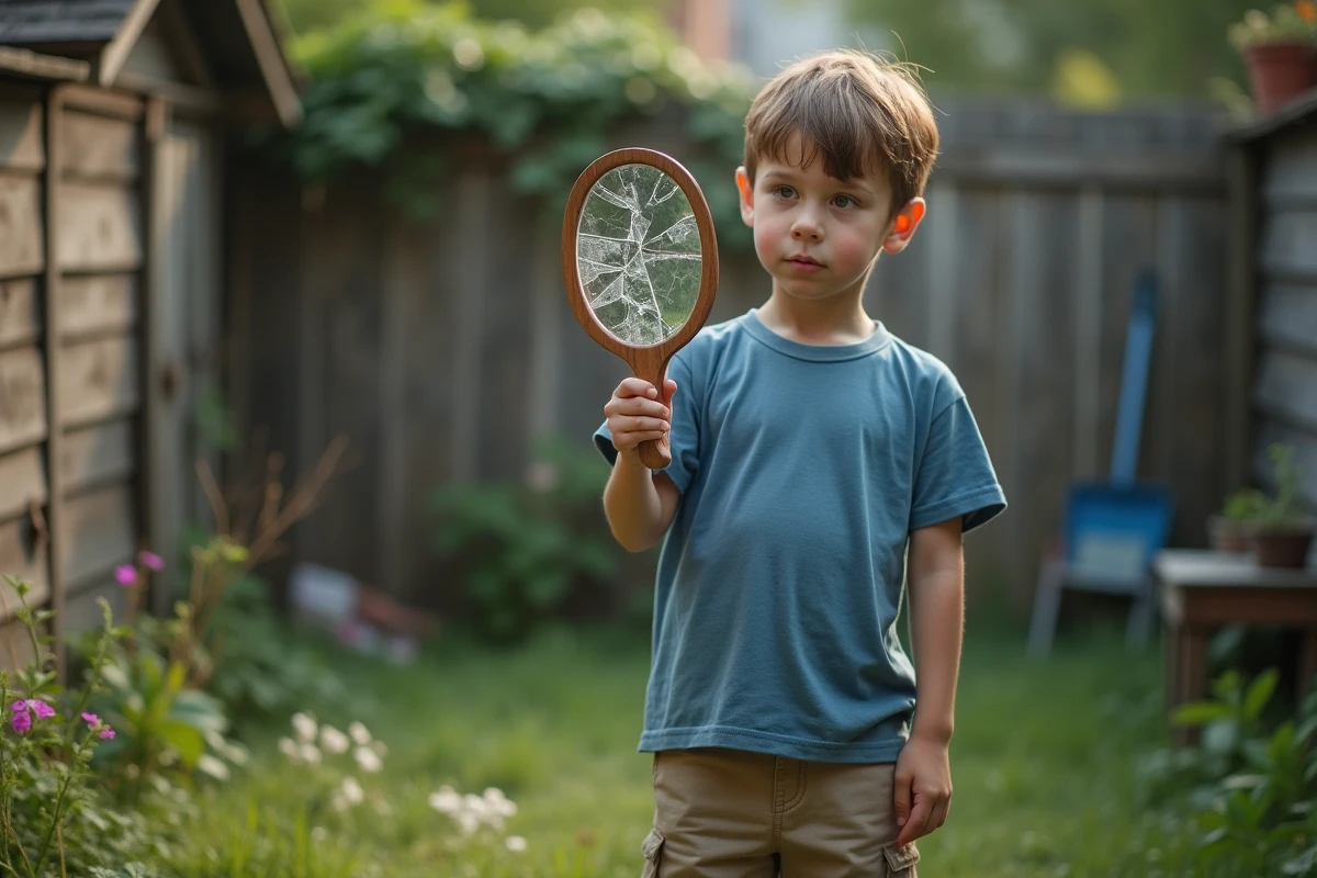 Garçon avec miroir cassé dans un jardin en été