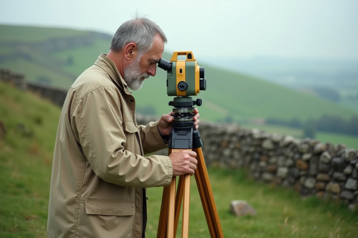 Géomètre utilisant un niveau optique sur un terrain en pente en milieu rural