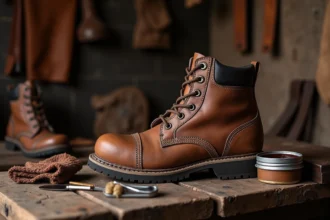 Chaussures de randonnée en cuir usées sur un établi avec un pot de graisse et une brosse pour l'entretien