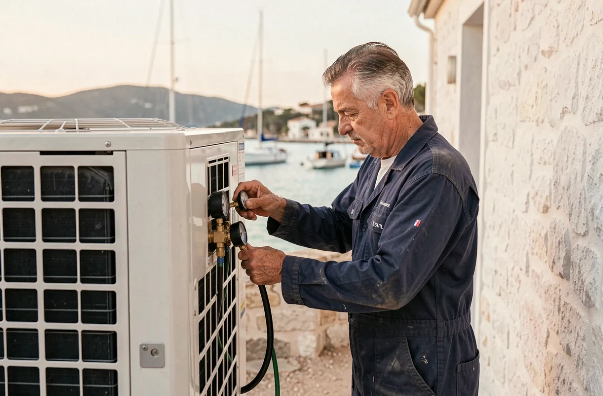 Technicien GRN Services Carqueiranne vérifiant les indicateurs de pression d'une pompe à chaleur installée sur une maison méditerranéenne face à la rade d'Hyères