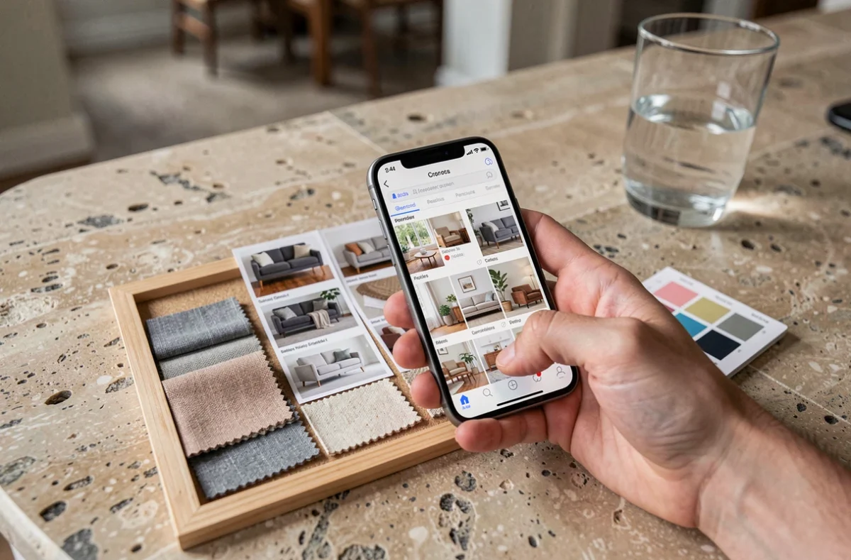 Gros plan d'une main tenant un smartphone avec une application de décoration surchargée à côté d'échantillons de matériaux sur un comptoir en pierre