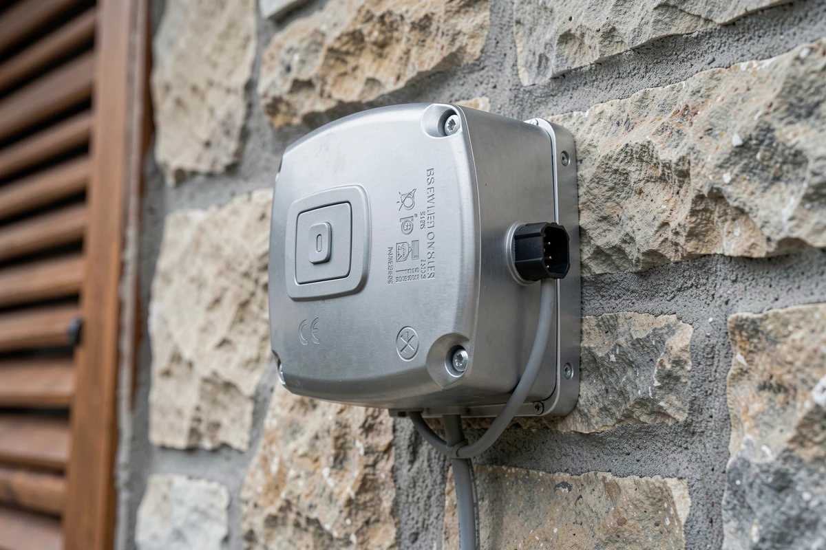 Gros plan sur le boîtier moteur et le bouton de réinitialisation d'un volet roulant solaire moderne