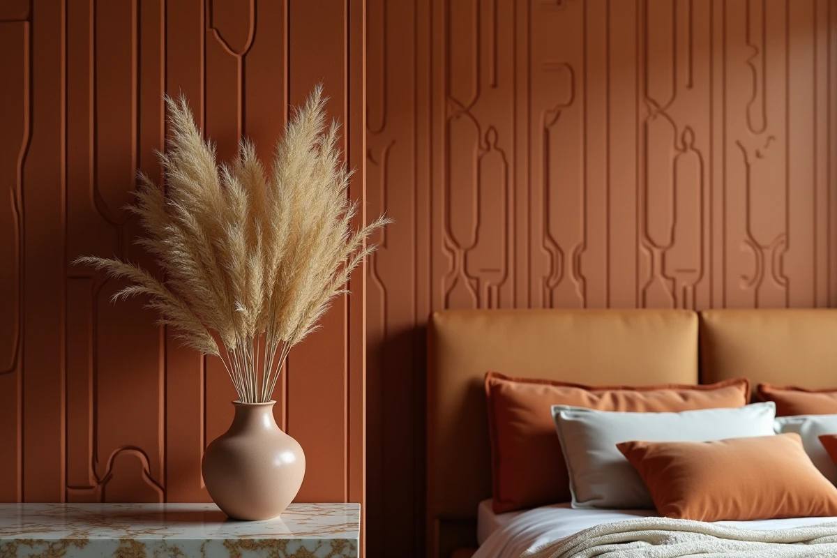 Gros plan sur papier peint terracotta Art Déco en relief dans une chambre adulte chaleureuse
