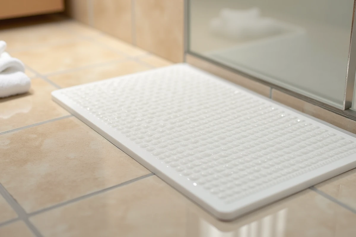 Gros plan sur les ventouses d'un tapis de bain antidérapant transparent sur carrelage effet pierre dans une salle de bains moderne