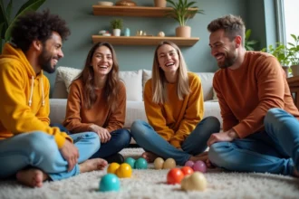 Groupe d'amis jouant à un jeu créatif dans un salon