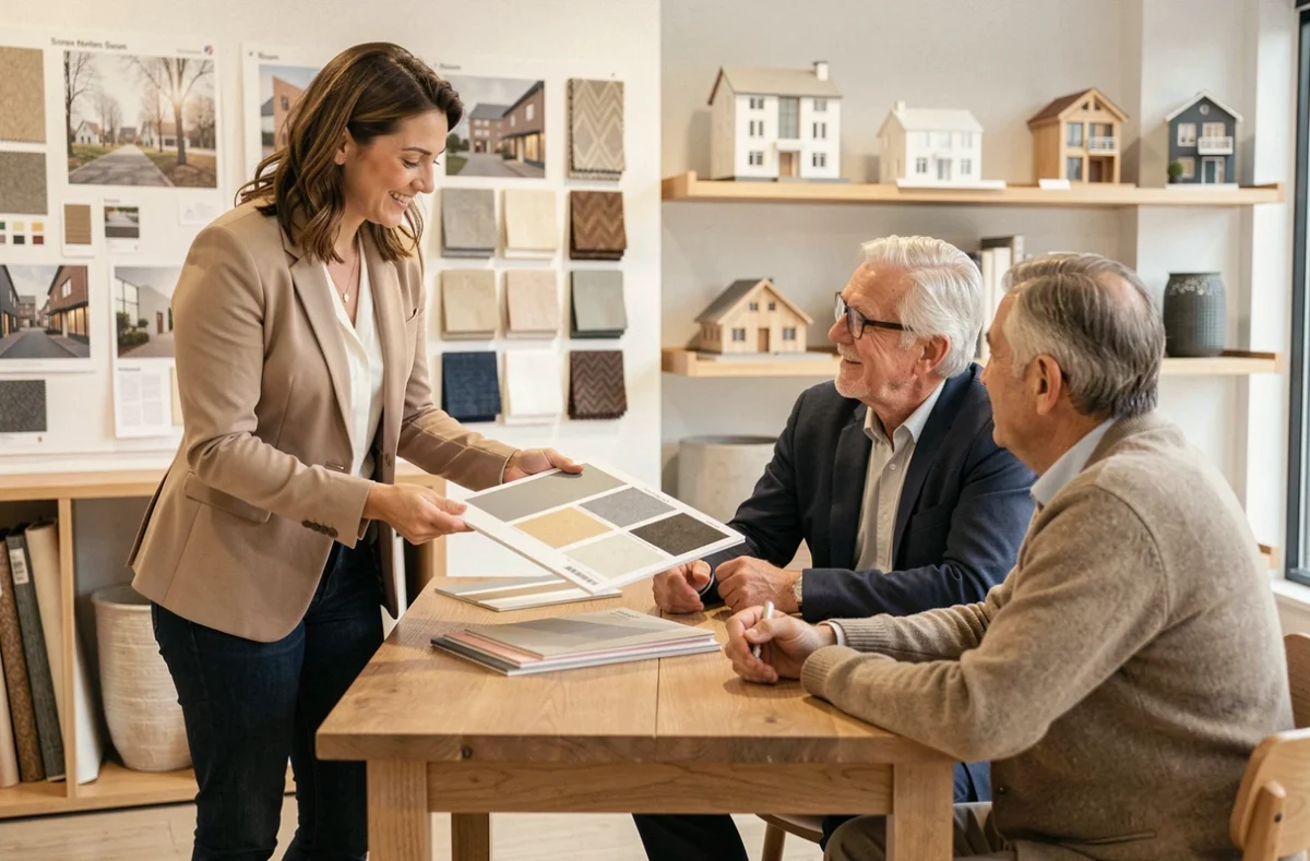 Consultante d'Habitat Concept Normandie présentant des échantillons de matériaux à un couple dans un showroom contemporain à Rouen, Seine-Maritime