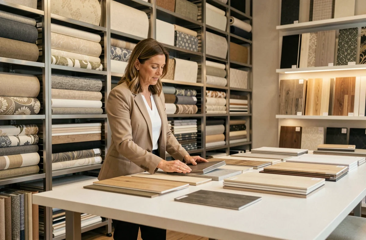 Décoratrice de Home Covering Strasbourg présentant des échantillons de revêtements et de tissus
