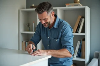 Homme appliquant de la colle sur une étagère en bois blanc