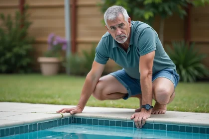 Homme d'âge moyen inspectant le bord de la piscine