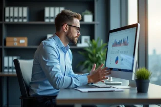 Homme d'affaires au bureau regardant des documents numériques