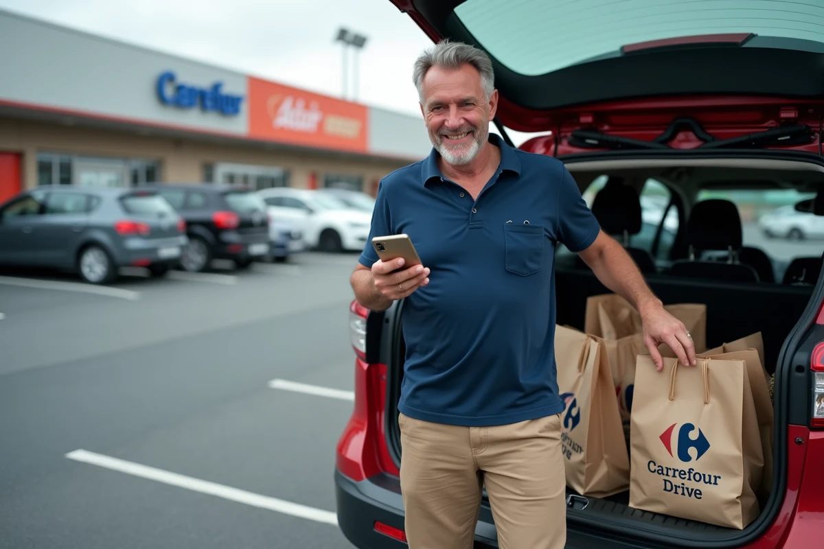 Homme chargeant ses courses Carrefour Drive dans le coffre de sa voiture dans un parking de centre commercial