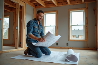 Homme en vêtements de travail sur un chantier en rénovation